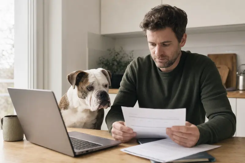 Ein Old English Bulldog sitzt ruhig neben seinem Besitzer am Küchentisch mit Versicherungsunterlagen und einem Laptop zur Hundekrankenversicherung.