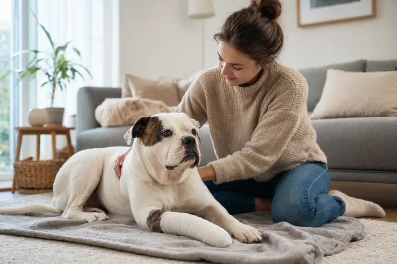 Old English Bulldog mit leichtem Verband an der Pfote liegt ruhig auf einer Decke, während sein Besitzer erleichtert daneben sitzt.