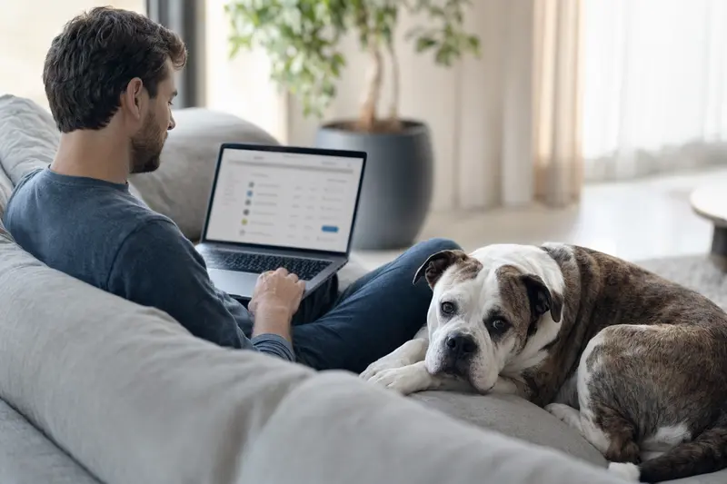 Der Besitzer sitzt entspannt auf dem Sofa mit seinem Old English Bulldog und arbeitet am Laptop, während eine neutrale Versicherungsvergleichsseite unscharf im Hintergrund zu sehen ist.