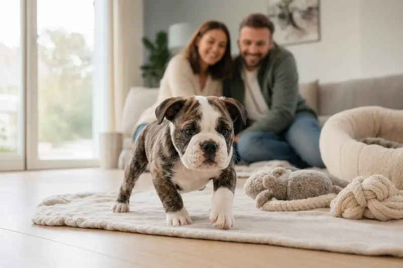 Junger Old English Bulldog Welpe entdeckt neugierig sein neues Zuhause in einer hellen Wohnung mit weicher Decke und Spielzeug im Vordergrund.