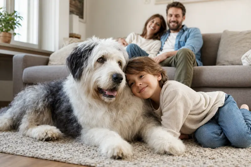 Ein freundlicher Old English Sheepdog liegt entspannt neben einem Kind im Wohnzimmer, während die Eltern im Hintergrund eine sichere Familienatmosphäre schaffen.