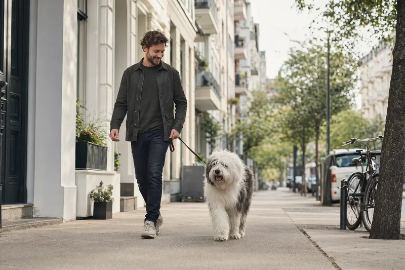 Ein Old English Sheepdog läuft an der Leine mit seinem Besitzer durch eine moderne Stadtstraße.