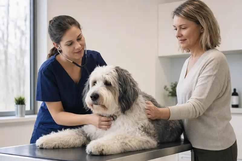 Ein Old English Sheepdog wird von einer Tierärztin auf einem Untersuchungstisch untersucht, während der Besitzer beruhigend danebensteht.