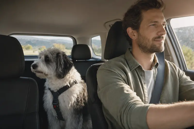 Ein Old English Sheepdog sitzt sicher angeschnallt auf der Rückbank eines Autos, während der Besitzer ruhig fährt und Sonnenlicht durch das Fenster fällt.