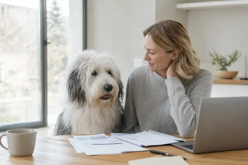 Ein Old English Sheepdog sitzt ruhig neben seinem Besitzer am Küchentisch mit Versicherungsunterlagen und Laptop, passend zum Thema Hundeversicherung.