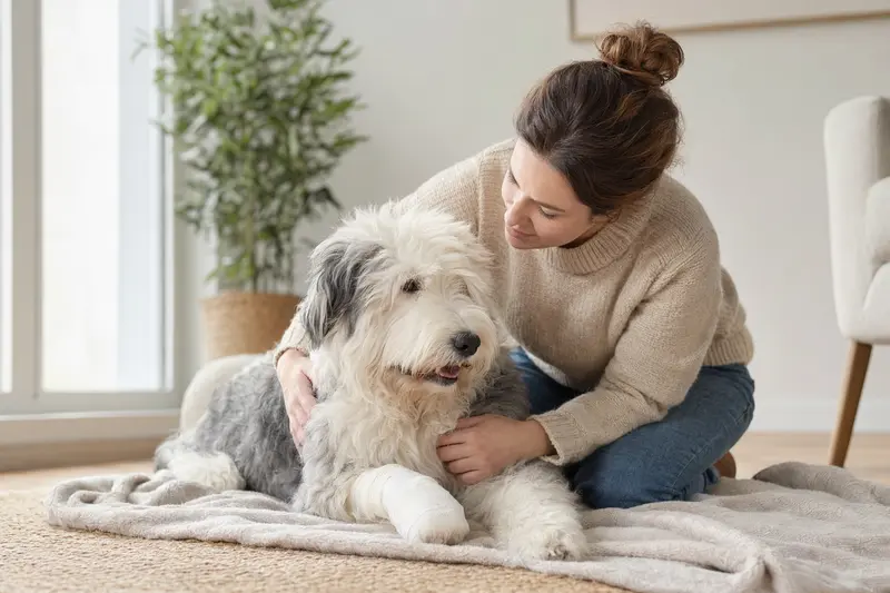 Ein Old English Sheepdog liegt mit leicht verbundenen Pfote ruhig auf einer Decke, während sein Besitzer neben ihm sitzt und erleichtert wirkt.