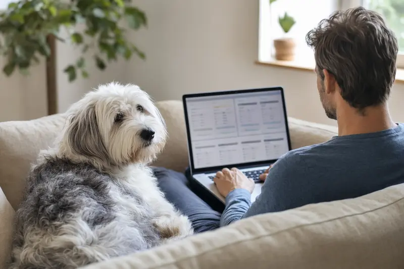 Ein Hundebesitzer sitzt mit seinem Old English Sheepdog auf dem Sofa, während er an seinem Laptop einen Versicherungsvergleich für Haustiere durchführt.