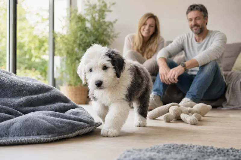 Ein neugieriger Old English Sheepdog Welpe erkundet seine neue, liebevolle Umgebung mit Spielzeug und einer weichen Decke.