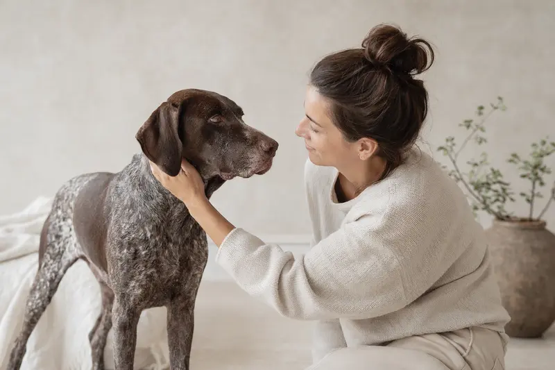 Ein Old Spanish Pointer steht aufmerksam vor hellem Hintergrund und zeigt im professionellen Hundeporträt seine typische Körperform und Fellstruktur.