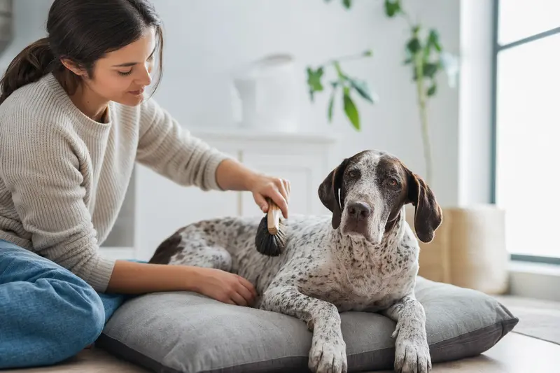 Ein Old Spanish Pointer wird in einer hellen Wohnung von seinem Besitzer sanft gebürstet und gepflegt.