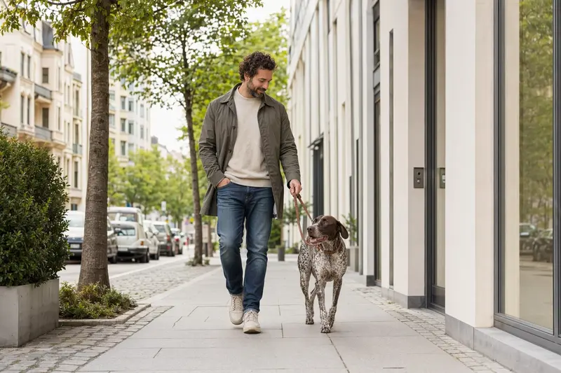 Ein Old Spanish Pointer läuft an der Leine mit seinem Besitzer entspannt durch eine moderne Stadtstraße.