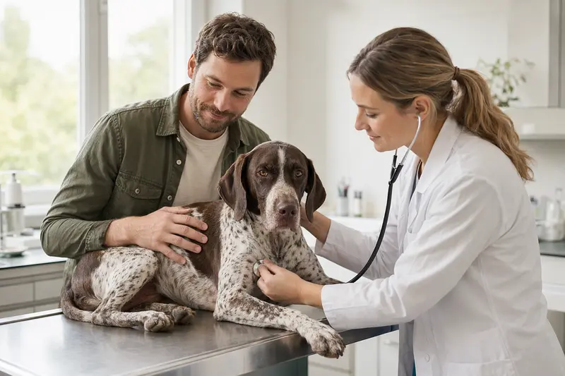 Eine Tierärztin untersucht einen ruhigen Old Spanish Pointer mit dem Stethoskop in einer hellen Tierarztpraxis, während der Besitzer beruhigend danebensteht.