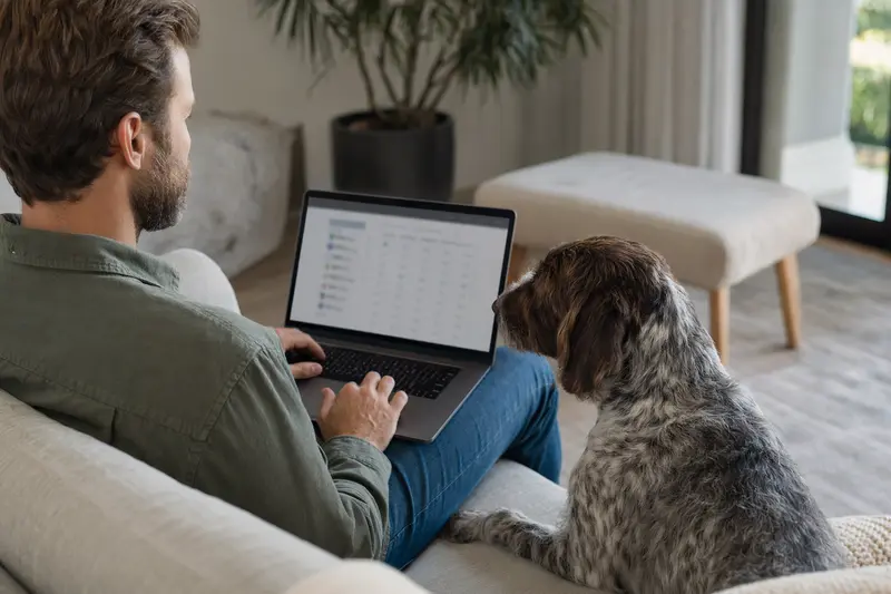 Ein Besitzer mit Laptop auf dem Sofa und einem Old Spanish Pointer, der ihn beim Vergleichen von Versicherungen unterstützt.