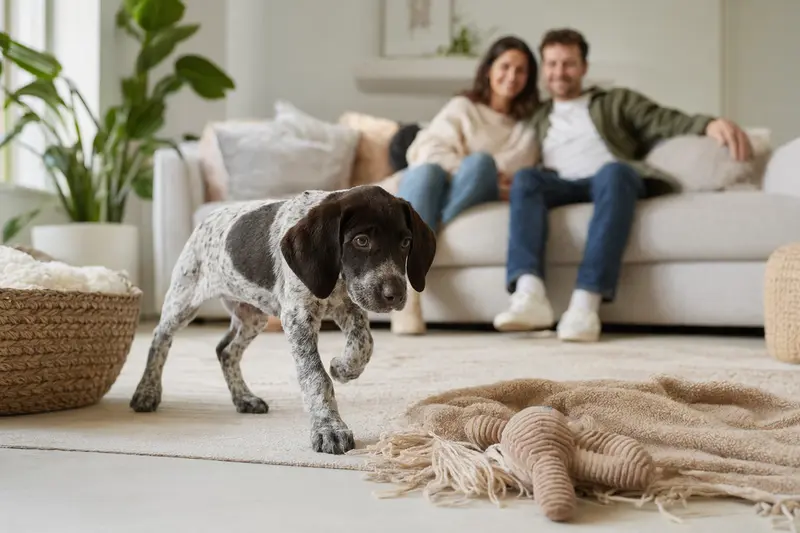 Ein junger Old Spanish Pointer Welpe erkundet neugierig sein neues Zuhause mit weicher Decke und Spielzeug in einer hellen Wohnung.