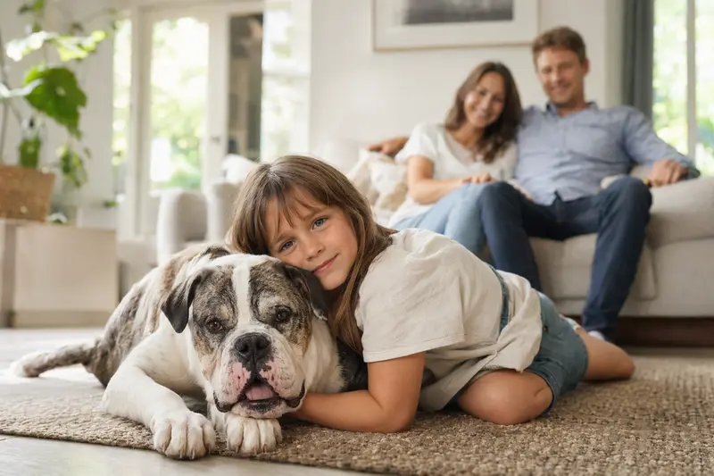 Ein freundlicher Olde English Bulldogge Hund liegt entspannt neben einem Kind im Wohnzimmer, während die Eltern im Hintergrund eine sichere Familienatmosphäre schaffen.