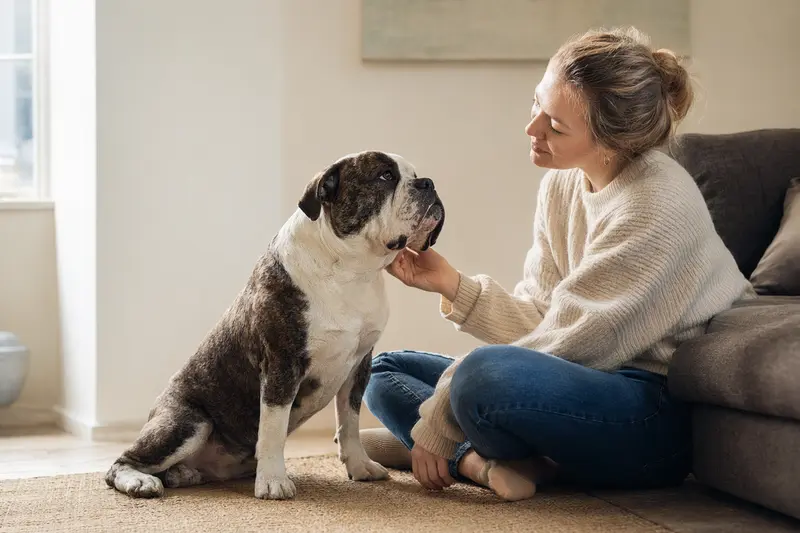 Ein aufmerksam stehender Olde English Bulldogge Hund in natürlicher Haltung vor hellem neutralem Hintergrund.