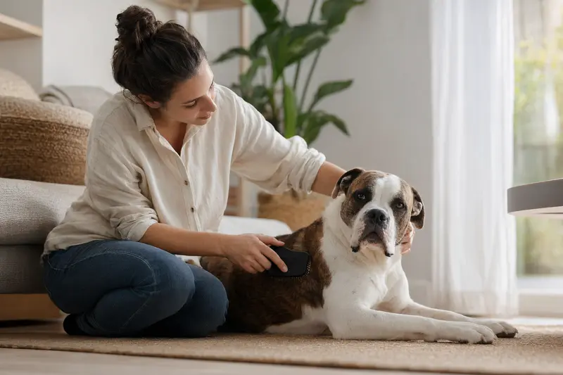 Ein Olde English Bulldogge wird in einer hellen Wohnung liebevoll von seinem Besitzer gebürstet.