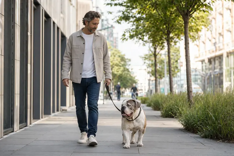 Ein Olde English Bulldogge läuft an der Leine mit seinem Besitzer durch eine helle, moderne Stadtstraße.