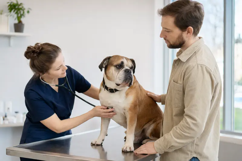 Ein ruhiger Olde English Bulldog auf einem Untersuchungstisch in einer modernen Tierarztpraxis, während die Tierärztin ihn vorsichtig mit einem Stethoskop untersucht.
