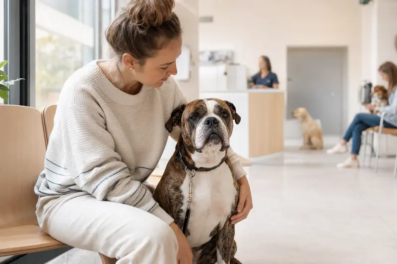 Ein Olde English Bulldogge Hund sitzt ruhig neben seinem Besitzer im hellen Wartezimmer einer modernen Tierarztpraxis.