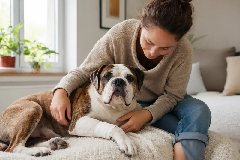 Olde English Bulldogge mit leicht verbundenem Pfötchen liegt ruhig auf einer Decke, während der Besitzer daneben erleichtert sitzt.
