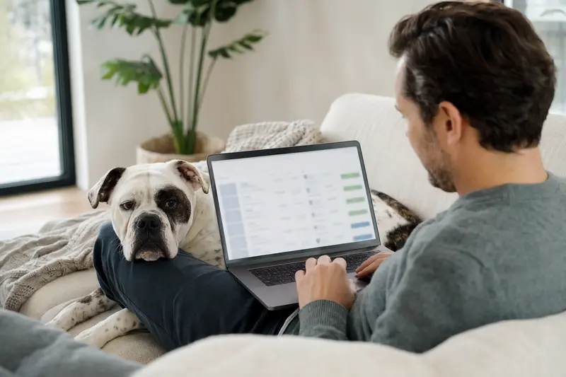Ein Hundebesitzer arbeitet am Laptop auf dem Sofa, während sein Olde English Bulldog neben ihm sitzt und eine neutrale Versicherungsvergleichs-Oberfläche angzeigt wird.
