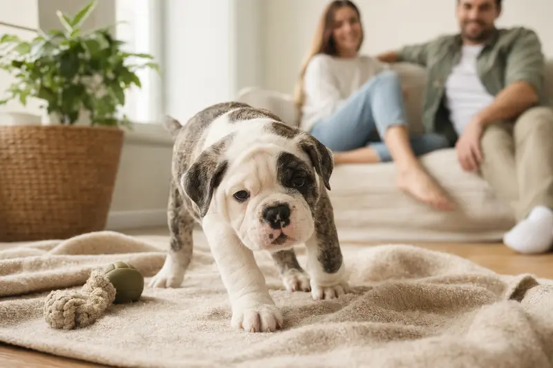Ein neugieriger Olde English Bulldogge Welpe erkundet sein neues Zuhause auf einer weichen Decke mit Spielzeug.