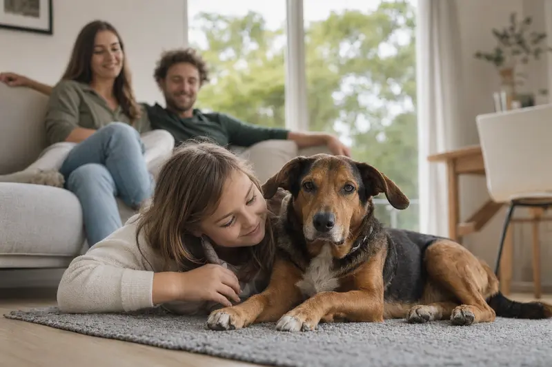 Ein freundlicher Olper Bracke Hund liegt entspannt neben einem Kind im hellen Wohnzimmer in einer sicheren Familienatmosphäre.
