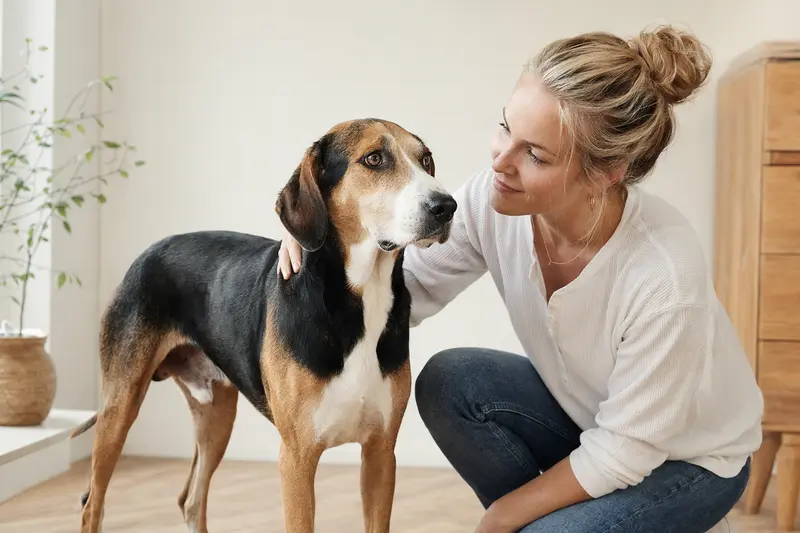 Aufmerksamer Olper Bracke Hund in natürlicher Haltung vor hellem, neutralem Hintergrund als realistisches Tierportrait.