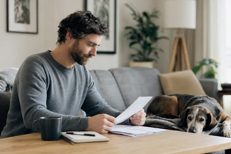 Ein Hundebesitzer sitzt mit einer Tierarztrechnung am Tisch, während eine ruhige Olper Bracke entspannt auf einer Decke liegt und das Thema Tierarztkosten sowie Hundekrankenversicherung veranschaulicht.