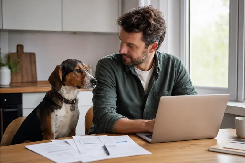 Ein Olper Bracke Hund sitzt ruhig neben seinem Besitzer am Küchentisch mit Versicherungsunterlagen und Laptop, passend zum Thema Hundekrankenversicherung.