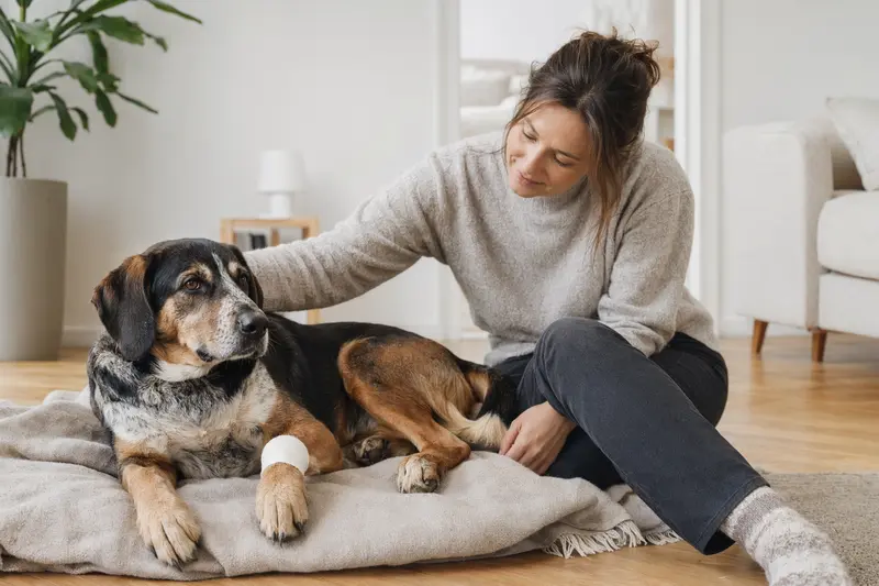 Ein Olper Bracke Hund mit leicht verbundenen Pfote liegt ruhig auf einer Decke, während sein Besitzer erleichtert neben ihm sitzt.