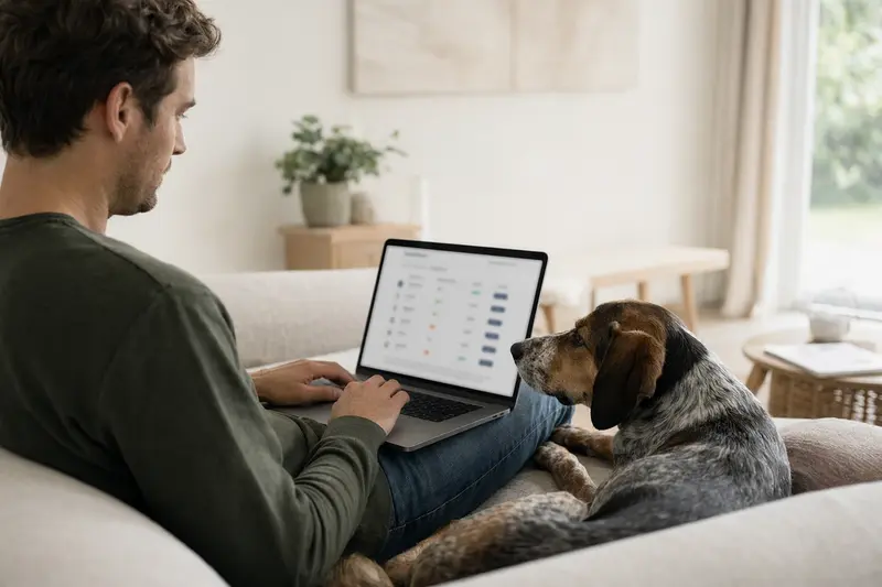 Ein Hundebesitzer arbeitet am Laptop auf dem Sofa, während ein Olper Bracke neben ihm sitzt und eine mögliche Tierkrankenversicherung vergleicht.