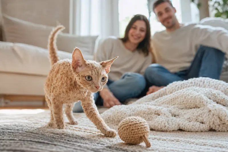 Ein neugieriges Oregon Rex Katzen Kitten erkundet sein neues Zuhause mit Spielzeug und einer liebevollen Familie im Hintergrund.