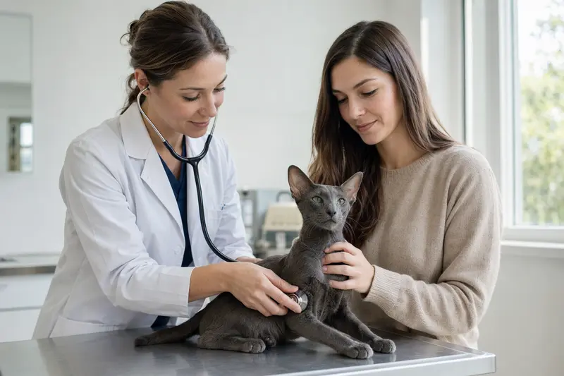 Eine Orientalisch Kurzhaar Katze wird behutsam von einer Tierärztin in einer modernen Praxis untersucht.