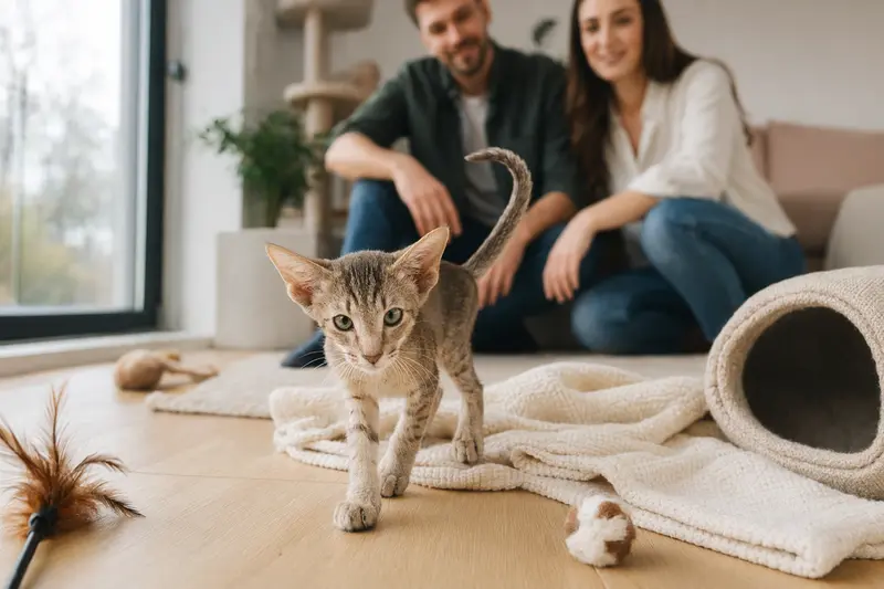 Ein neugieriges orientalisch Kurzhaar Kätzchen erkundet eine helle Wohnung mit einer weichen Decke und Spielzeugen, während eine liebevolle Familie im Hintergrund zu sehen ist.