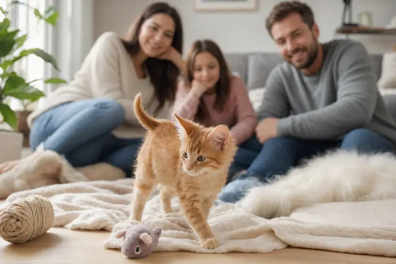 Ein neugieriges Orientalisch Langhaar Katzen Kitten erkundet sein neues Zuhause auf einer weichen Decke mit Spielsachen und einer liebevollen Familie im Hintergrund.