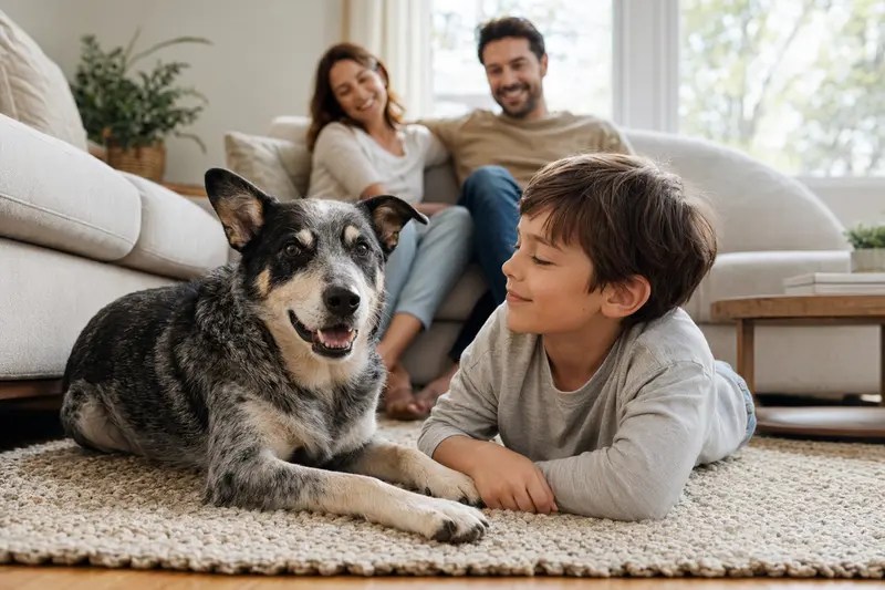 Ein entspannter Ormskirk Heeler liegt neben einem Kind im Wohnzimmer, während die Eltern im Hintergrund eine sichere Familienatmosphäre schaffen.