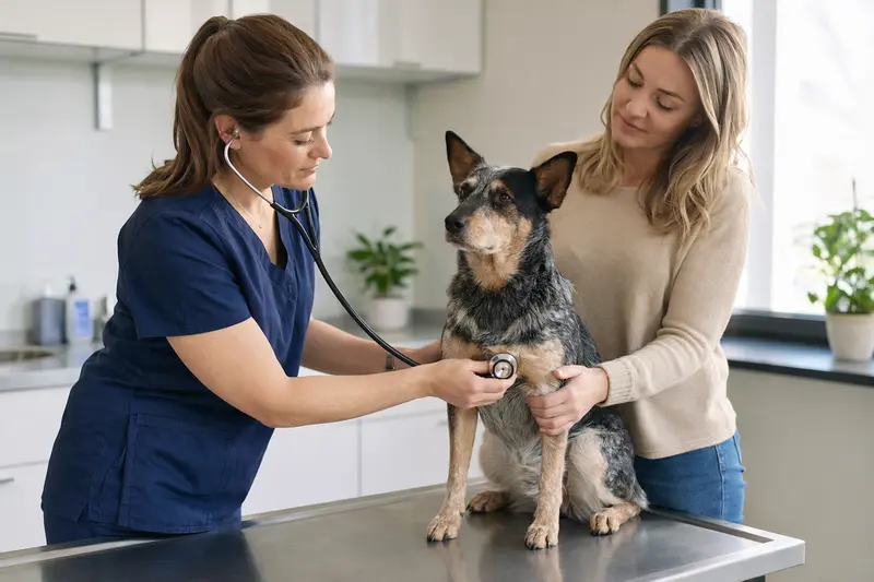 Ein ruhiger Ormskirk Heeler Hund wird von einer freundlichen Tierärztin auf einem Untersuchungstisch in einer modernen Tierarztpraxis untersucht.