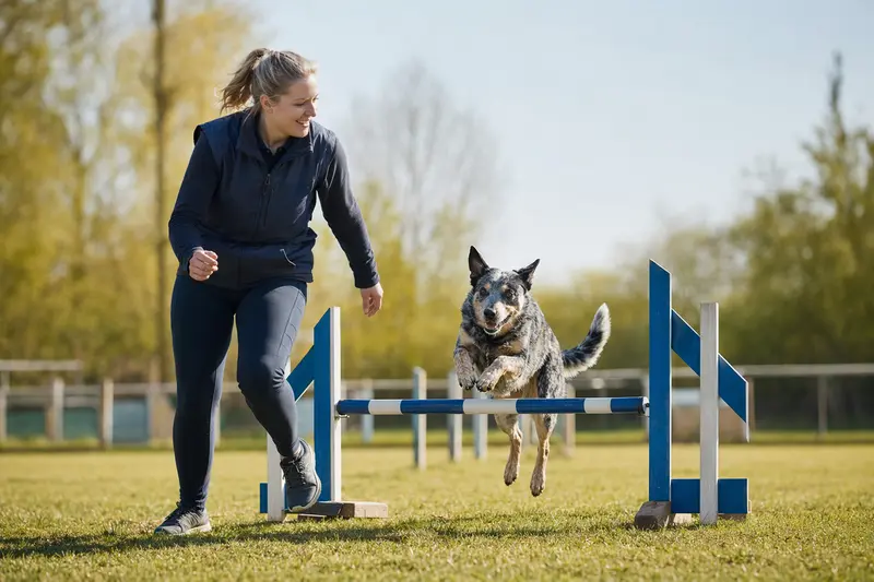 Ein Ormskirk Heeler springt beim Hundetraining über eine kleine Hürde auf einem sonnigen Hundeplatz mit seinem Besitzer.