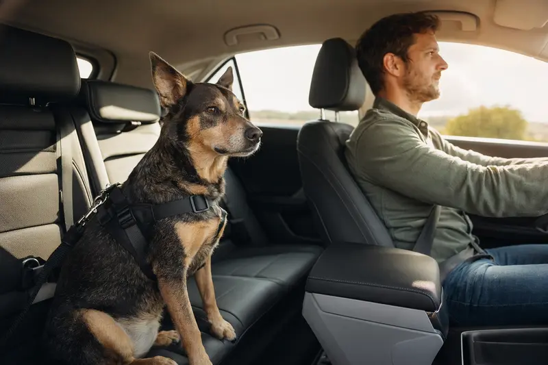 Ein Ormskirk Heeler sitzt sicher angeschnallt auf der Rückbank eines Autos, während die Fahrerin ruhig unterwegs ist.