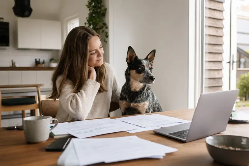 Ein Ormskirk Heeler sitzt ruhig neben seinem Besitzer am Küchentisch, während Versicherungsunterlagen und ein Laptop mit Vergleichsseite vor ihm liegen.