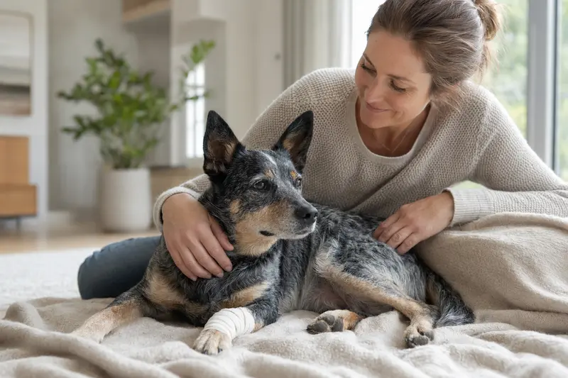 Ein Ormskirk Heeler mit leicht verbundenem Pfötchen liegt ruhig auf einer Decke, während sein Besitzer neben ihm erleichtert sitzt.