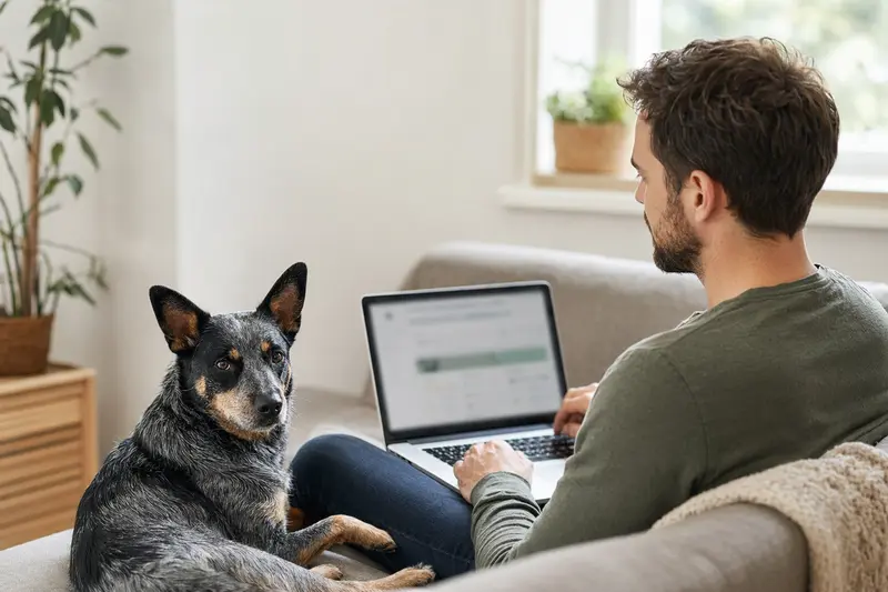 Ein Besitzer arbeitet am Laptop auf dem Sofa, während ein Ormskirk Heeler Hund neben ihm sitzt und eine neutrale Versicherungsvergleichsseite angezeigt wird.