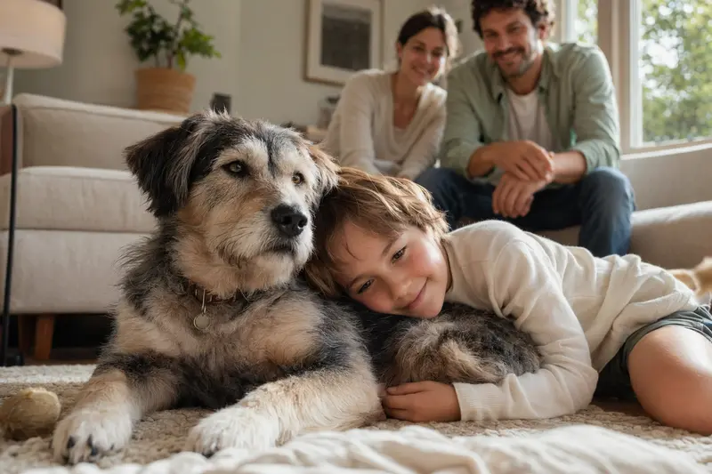 Ein freundlicher Hund liegt entspannt neben einem Kind im hellen Wohnzimmer einer Familie und vermittelt eine sichere, vertrauensvolle Atmosphäre.