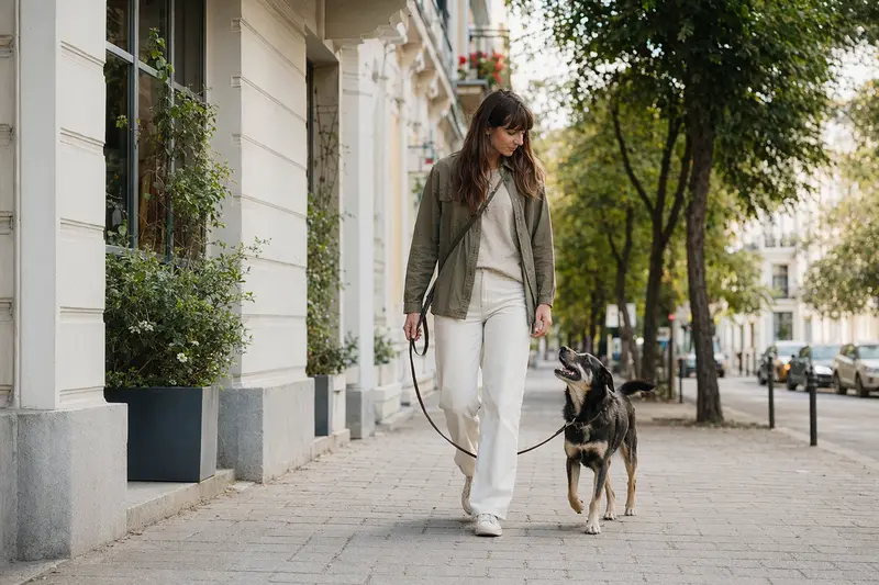 Ein Oskai Hund läuft an der Leine neben seinem Besitzer durch eine freundliche moderne Stadtstraße.