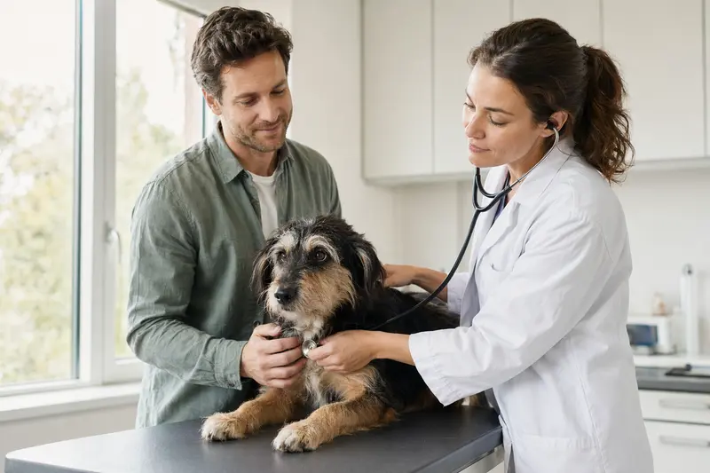 Ein ruhiger Oskai Hund wird von einer freundlichen Tierärztin in einer modernen Tierarztpraxis untersucht.