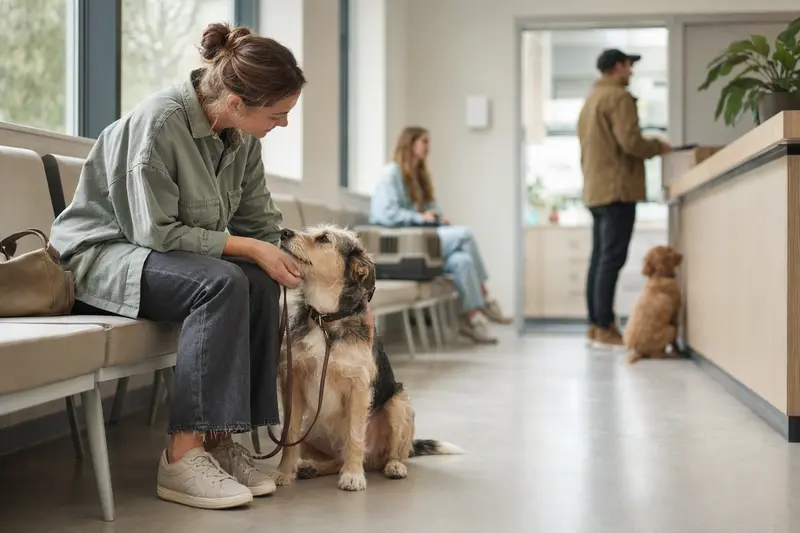 Ein ruhiger Hund sitzt neben seinem Besitzer im hellen Wartezimmer einer modernen Tierarztpraxis.