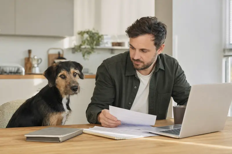 Ein Oskai Hund sitzt ruhig neben seinem Besitzer am Küchentisch, während Versicherungsunterlagen und ein Laptop mit neutraler Vergleichsseite auf eine Tierkrankenversicherung hinweisen.