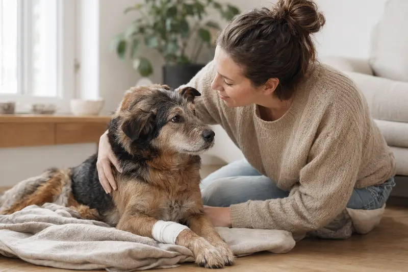 Ein Hund mit leicht verbundenem Pfötchen liegt auf einer Decke, während sein Besitzer erleichtert daneben sitzt.